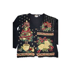 Tiara International Christmas Cardigan Size Medium 3D Cable Knit
